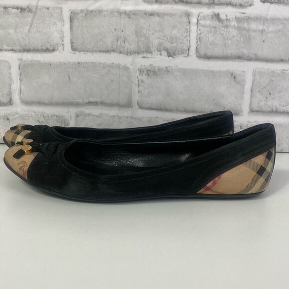 Burberry Black Suede Nova Check Canvas Cap Toe Bow Ballet Flats Size 38.5/8.5 - Picture 1 of 13